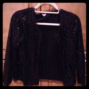 J crew black sequin cropped cardigan w tulle edges